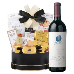 Opus One Red Wine And Godiva Black & Gold Celebration Gift Basket