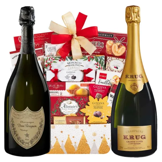 Dom Perignon, Krug Champagne and Godiva Gift Basket Dom Perignon, Krug Champagne and Godiva Gift Basket