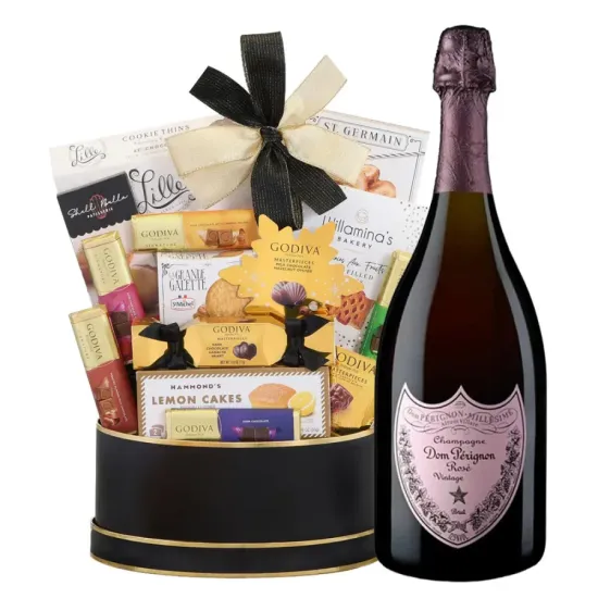 Dom Perignon Rose And Black With Gold Celebration Gift Basket Dom Perignon Rose And Black With Gold Celebration Gift Basket