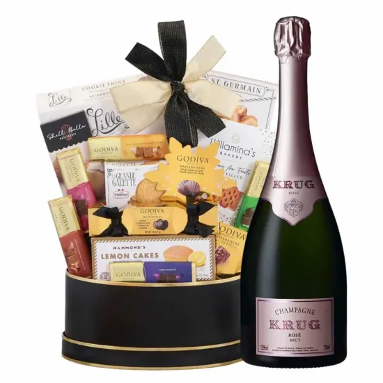 Krug Rose Champagne and Godiva Black & Gold Celebration Gift Basket Krug Rose Champagne and Godiva Black & Gold Celebration Gift Basket