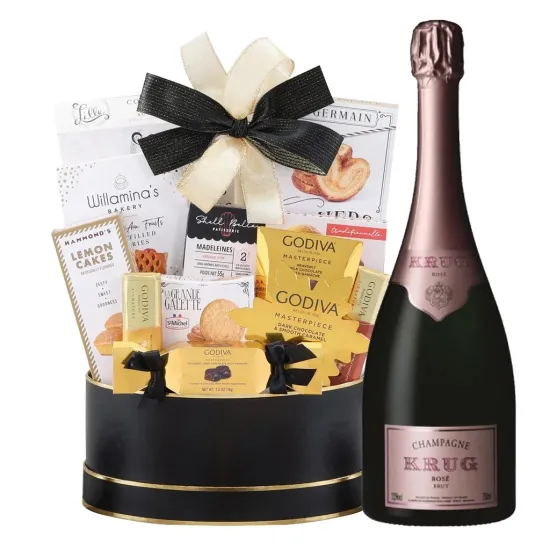 Krug Rose Champagne and Godiva Black & Gold Celebration Gift Basket